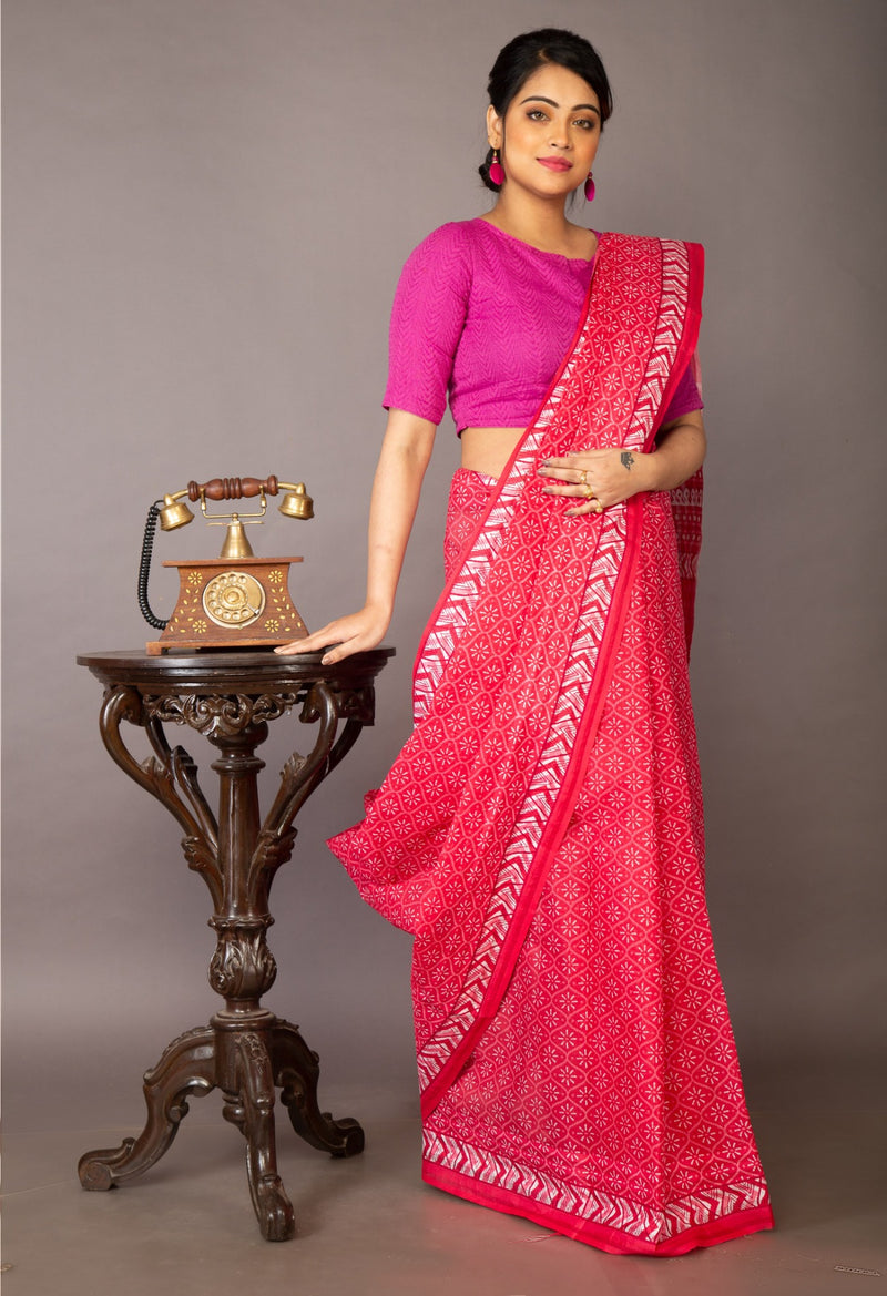 Online Shopping for Pink Pure Krisha Block Printed  Cotton Saree with Hand Block Prints from Rajasthan at Unnatisilks.com India
