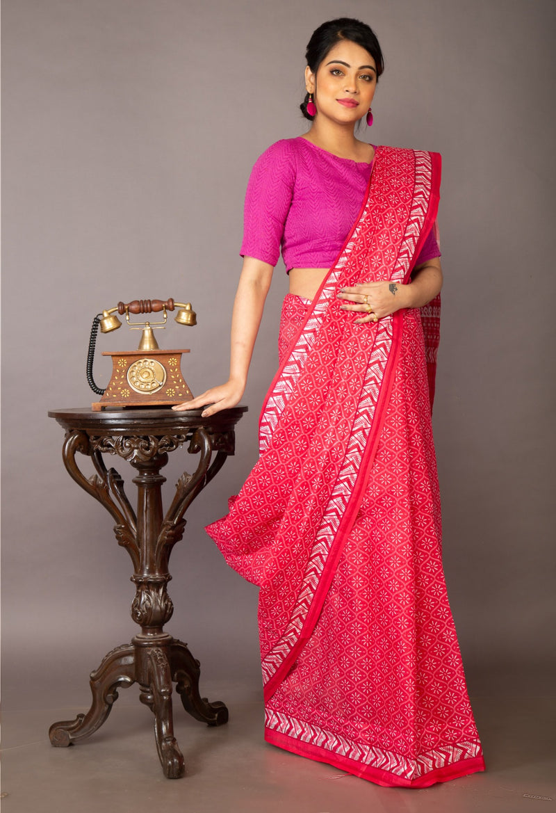Online Shopping for Pink Pure Krisha Block Printed  Cotton Saree with Hand Block Prints from Rajasthan at Unnatisilks.com India
