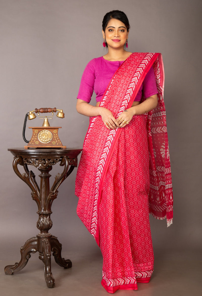 Pink Pure Krisha Block Printed  Cotton Saree