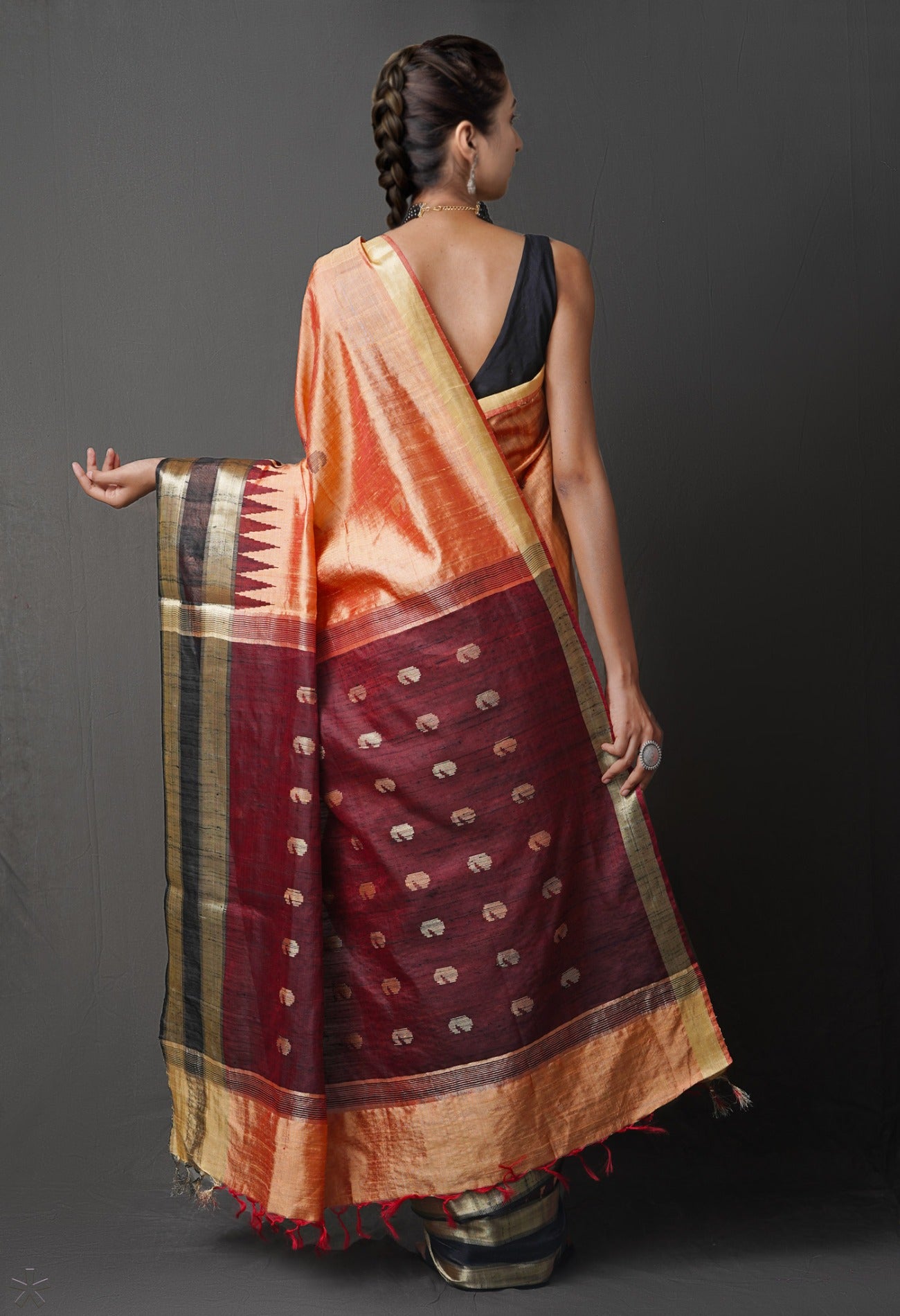 Online Shopping for Gold-Red Pure Bengal Linen Saree with Weaving from West Bengal at Unnatisilks.com India
