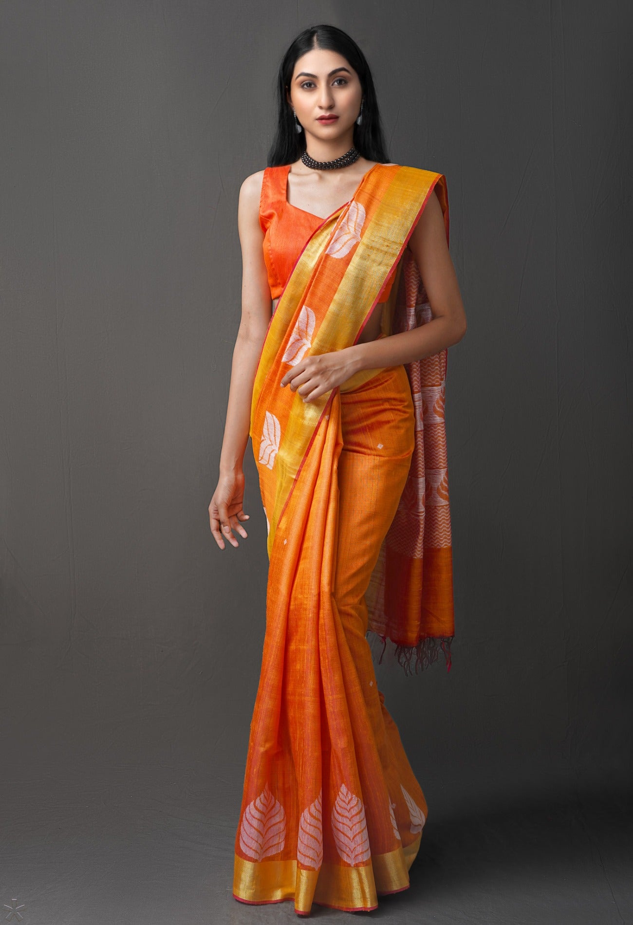 Online Shopping for Orange-Pink Pure Bengal Linen Saree with Weaving from West Bengal at Unnatisilks.com India
