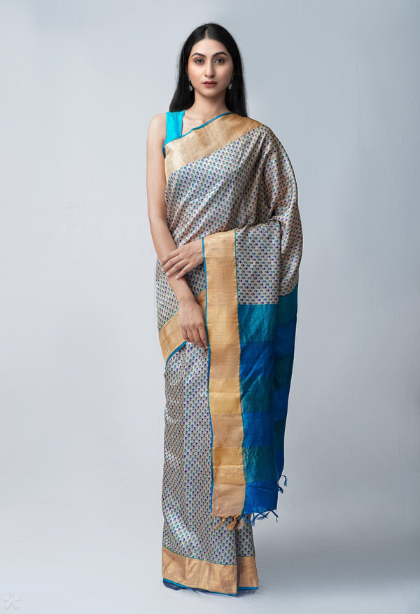 Cream Pure Handloom Bengal Tussar  Silk Saree