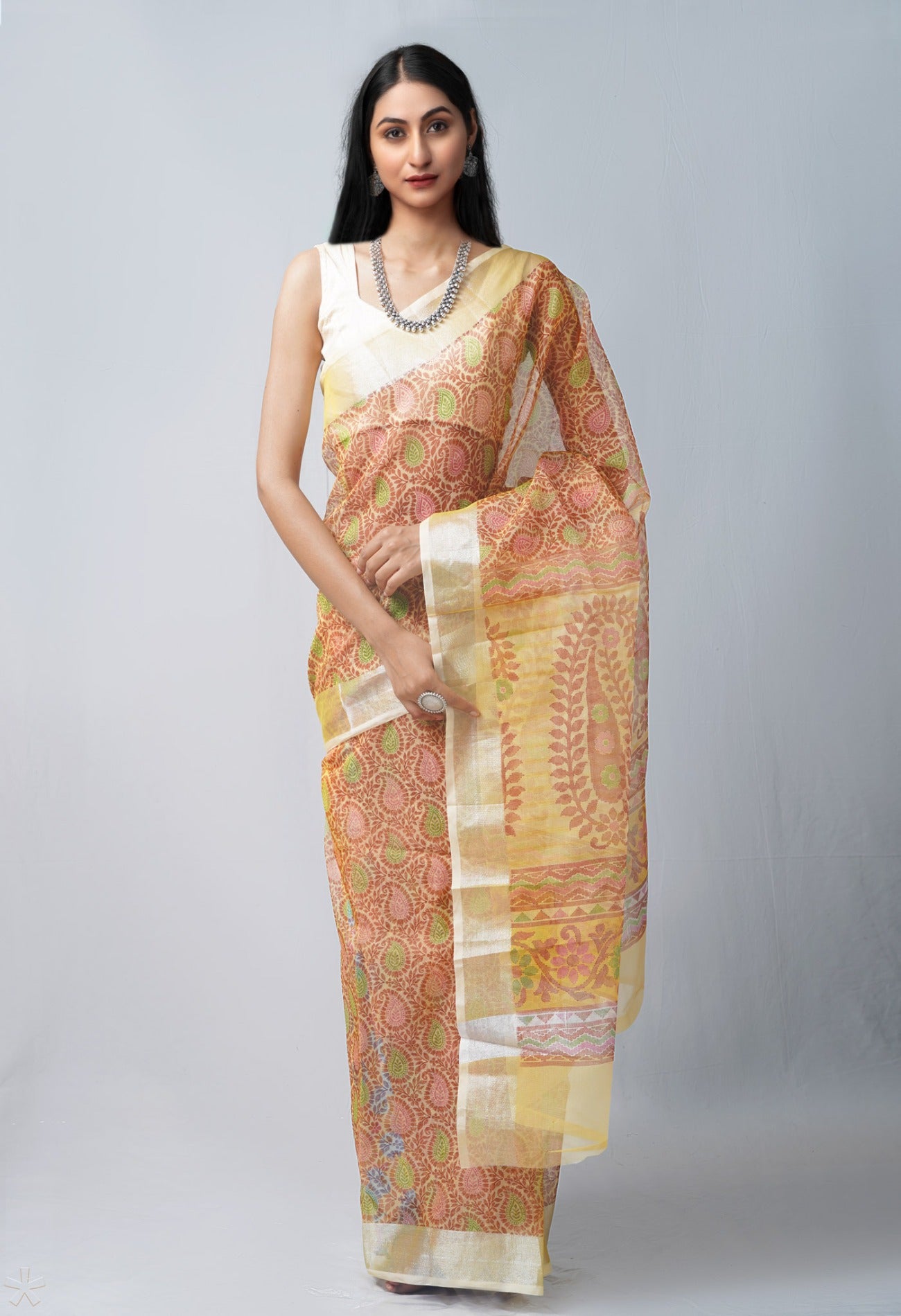 Online Shopping for Cream  Skin Printed  Organza Saree with Fancy/Ethnic Prints from Uttar Pradesh at Unnatisilks.com India

