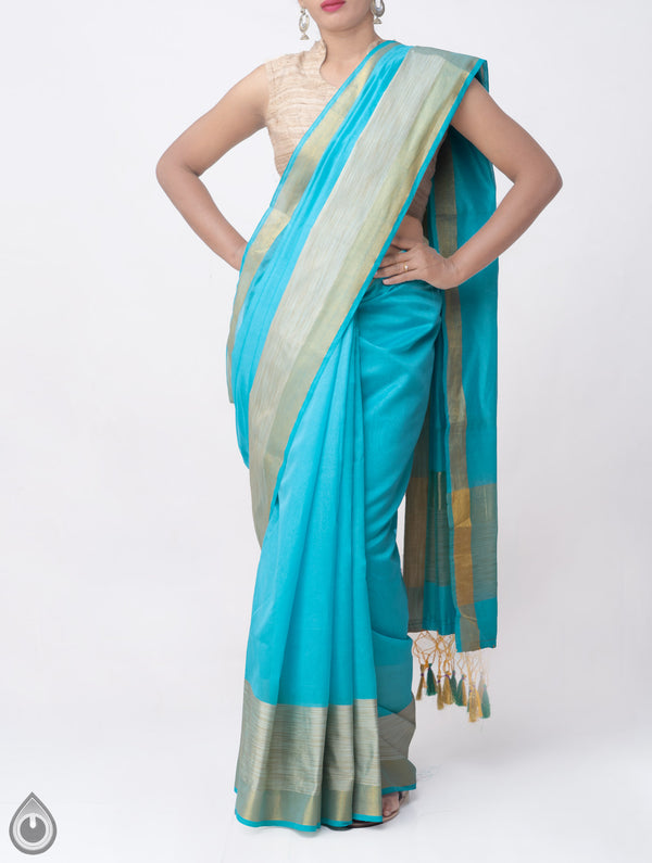 Online Shopping for Blue Chanderi Jute Saree With Tassels with Weaving from Madhya Pradesh at Unnatisilks.comIndia