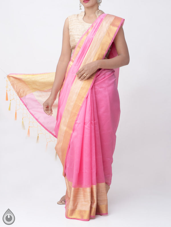 Online Shopping for Pink Chanderi Jute Saree With Tassels with Weaving from Madhya Pradesh at Unnatisilks.comIndia