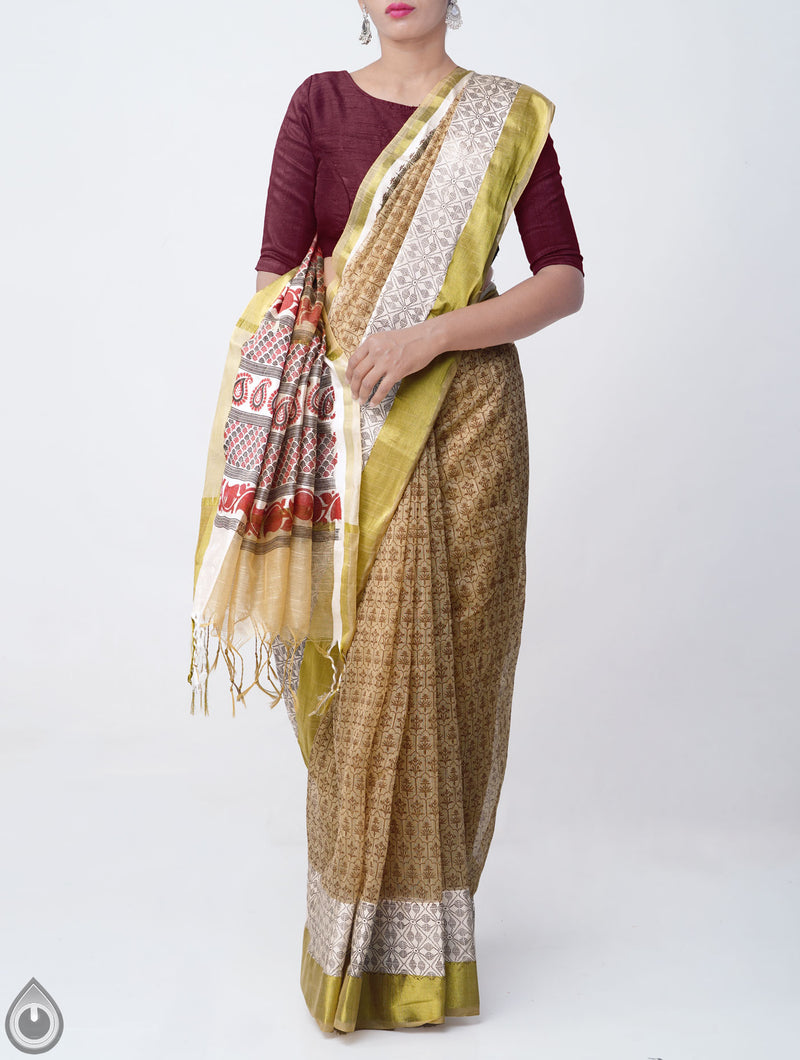 Online Shopping for Cream Banarasi Meghalaya Saree with Hand Block Prints with Hand Block Prints from  Uttar Pradesh at Unnatisilks.comIndia