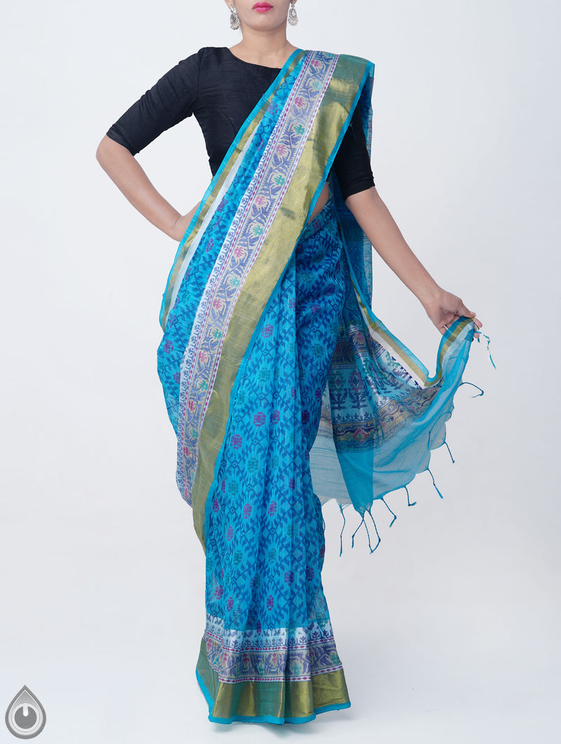 Online Shopping for Blue Banarasi Meghalaya Saree with Hand Block Prints with Hand Block Prints from  Uttar Pradesh at Unnatisilks.comIndia