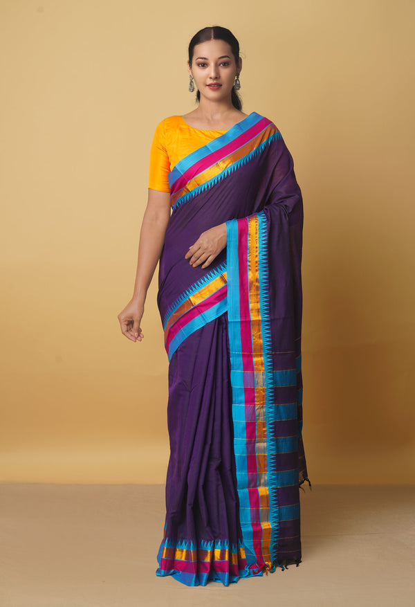 Violet Pure Handloom Narayanpet Silk Cotton Saree with Tassels-UNM37376