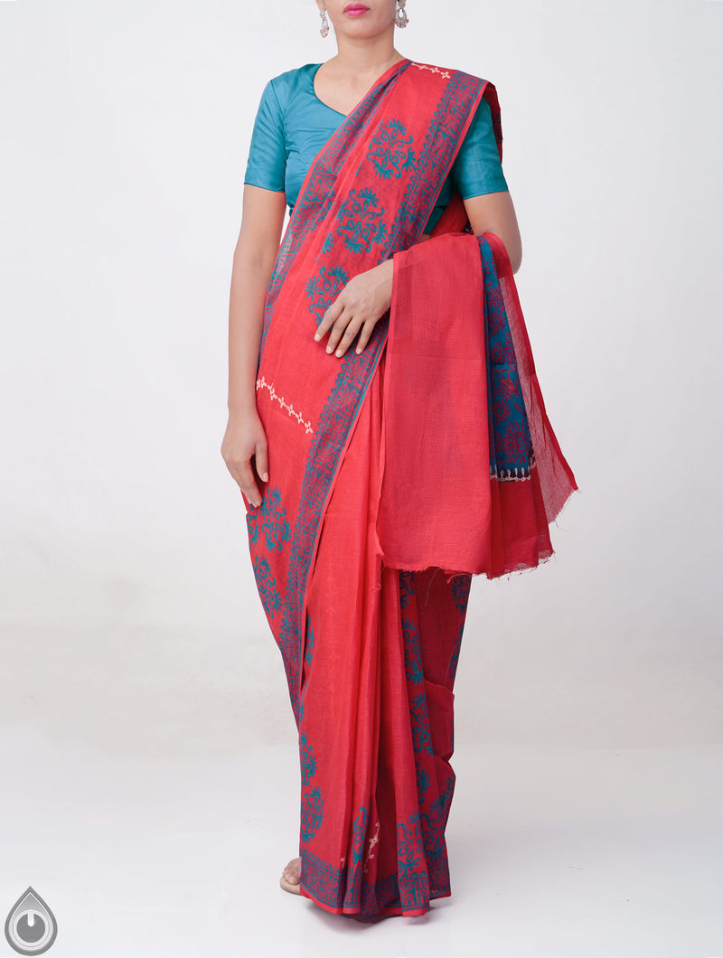 Online Shopping for Red Kota Organza Cotton Saree with Hand Block Prints from Rajasthan at Unnatisilks.comIndia