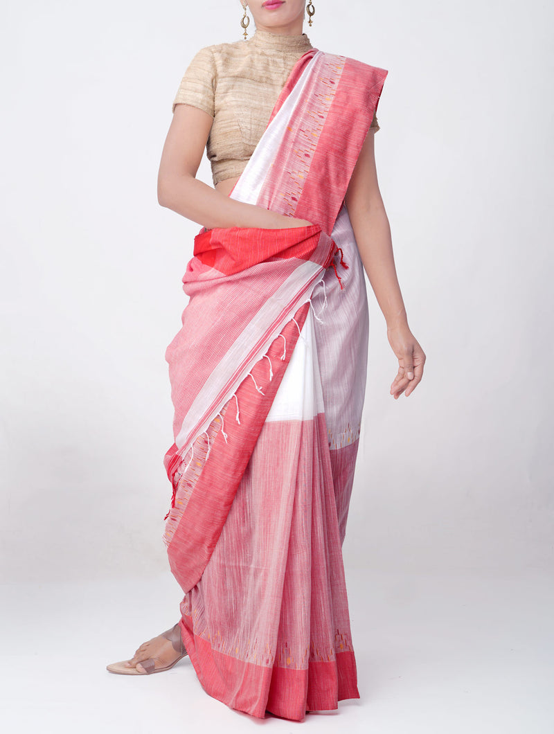 Red-White Pure Handloom Bengal Linen Saree with Tassels -UNM64061