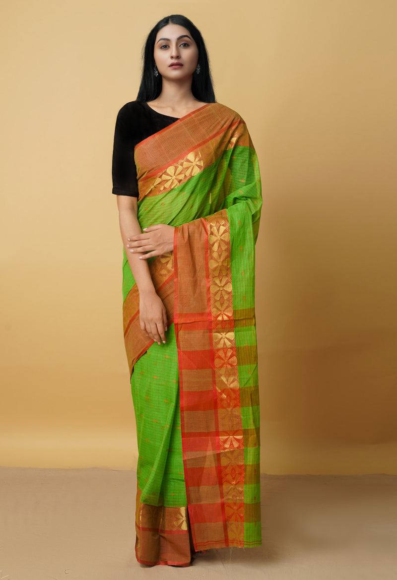 Green Pure Handloom Bengal Cotton Tant Saree-UNM64105