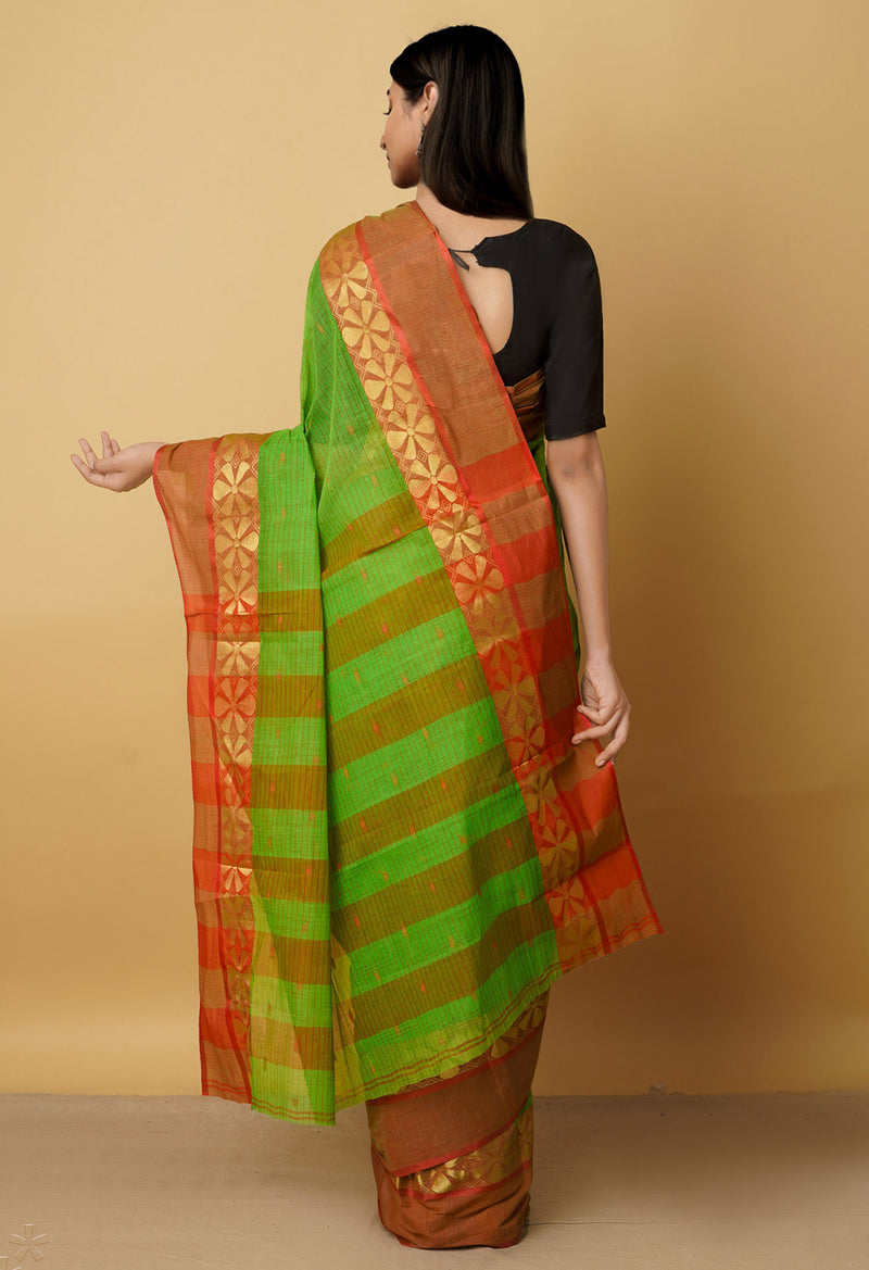 Green Pure Handloom Bengal Cotton Tant Saree-UNM64105
