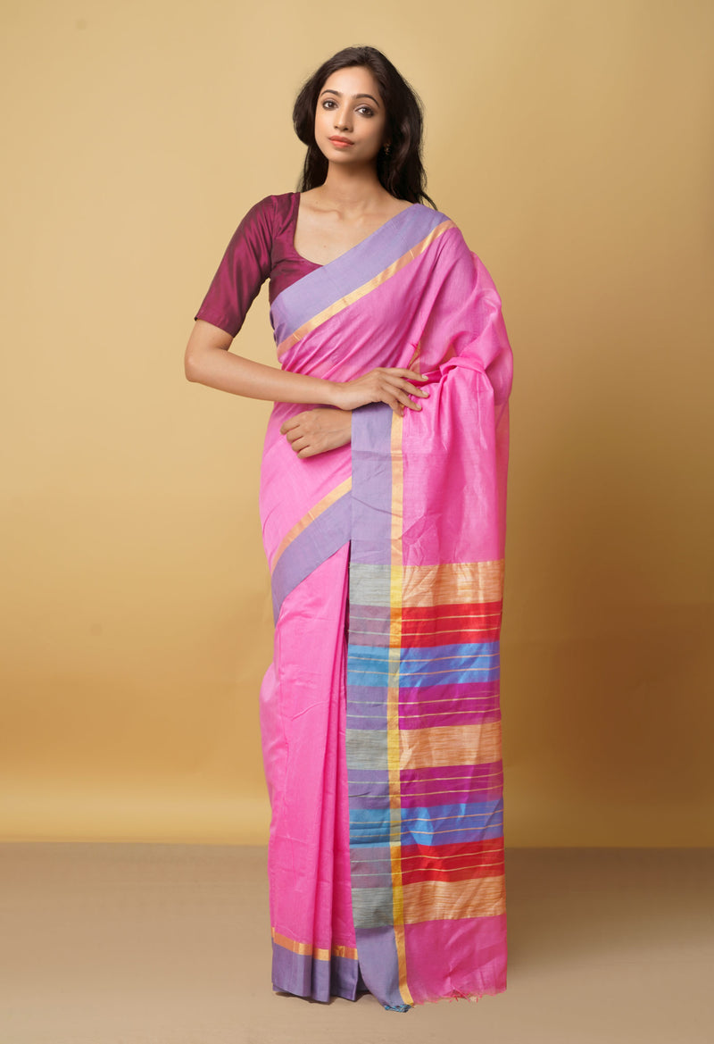 Pink Chanderi Sico Saree with Tassels-unm41710