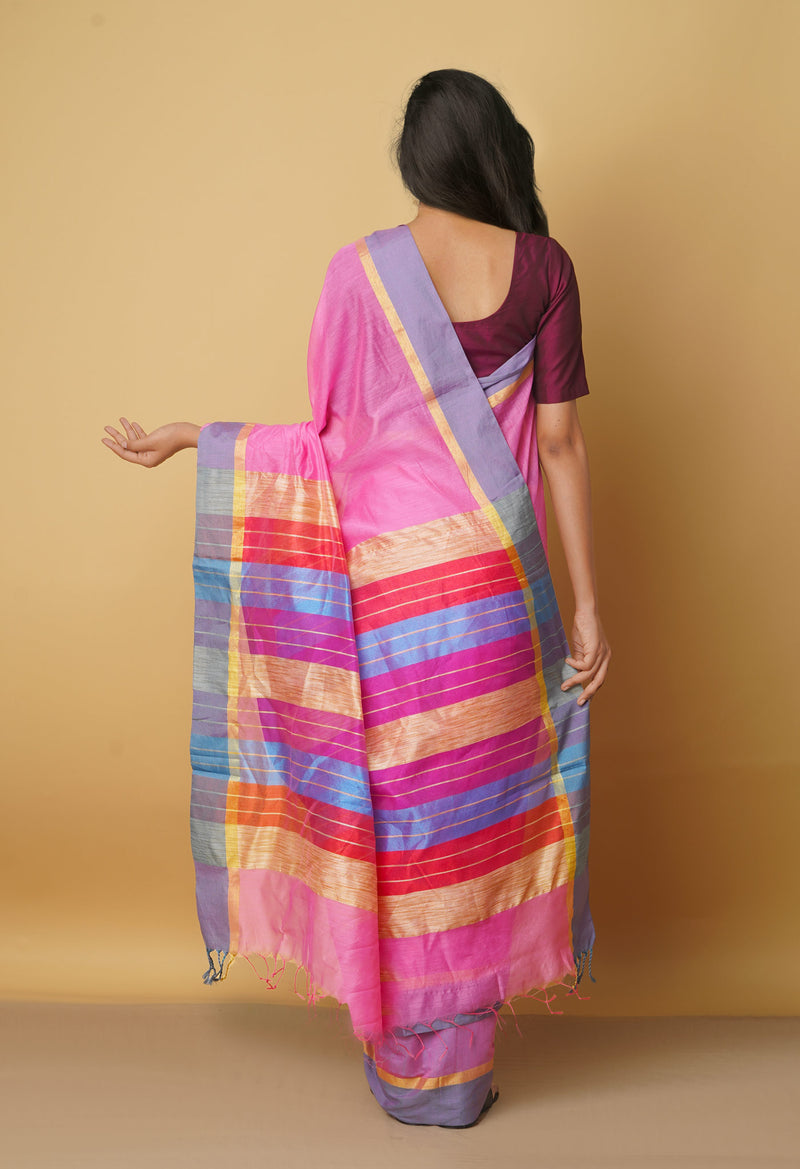 Pink Chanderi Sico Saree with Tassels-unm41710