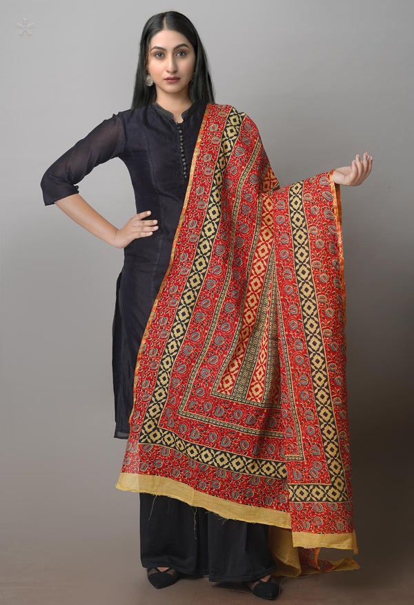 Multi Pure Ajrakh Mulmul Cotton Dupatta With Small Zari Border-UDS4179