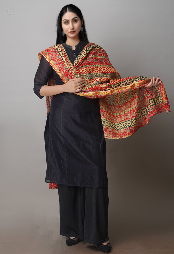 Multi Pure Ajrakh Mulmul Cotton Dupatta With Small Zari Border-UDS4180