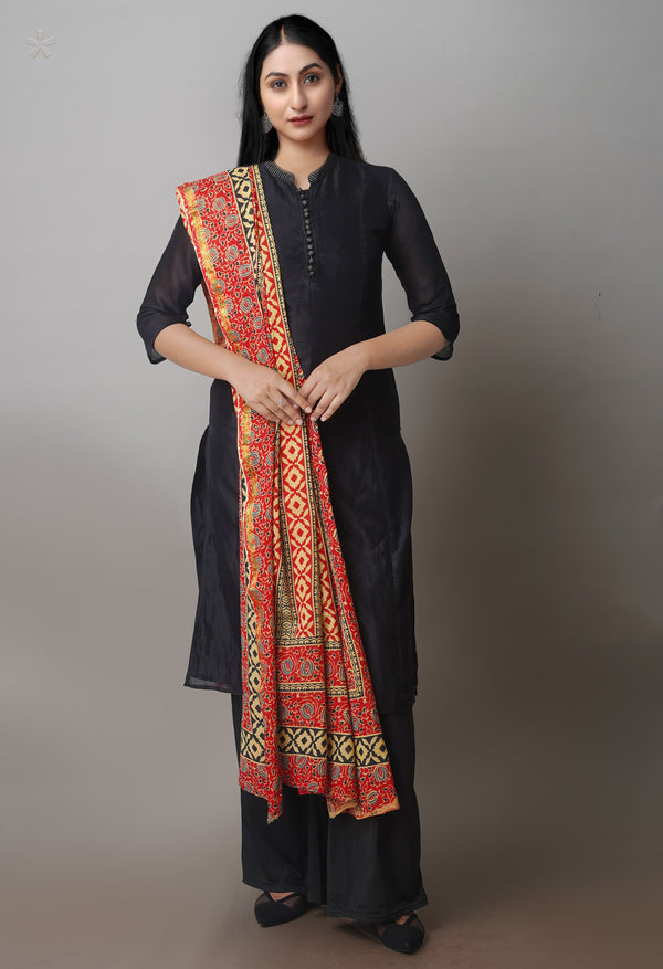 Multi Pure Ajrakh Mulmul Cotton Dupatta With Small Zari Border-UDS4180