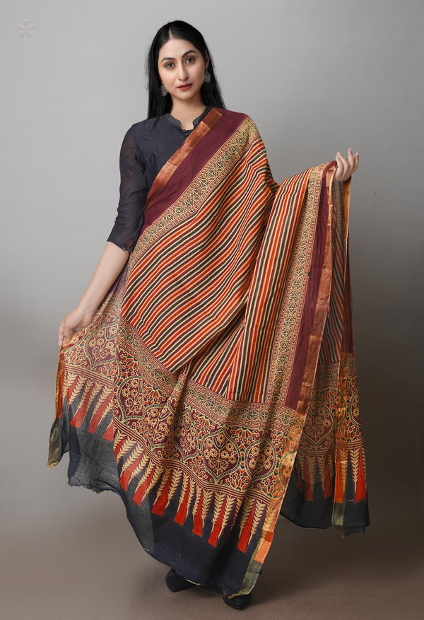 Multi Pure Ajrakh Mulmul Kota Cotton Dupatta With Zari Border-UDS4183