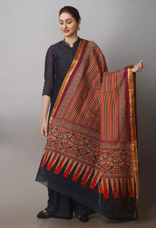 Multi Pure Ajrakh Mulmul Cotton Dupatta With Zari Border-UDS4184