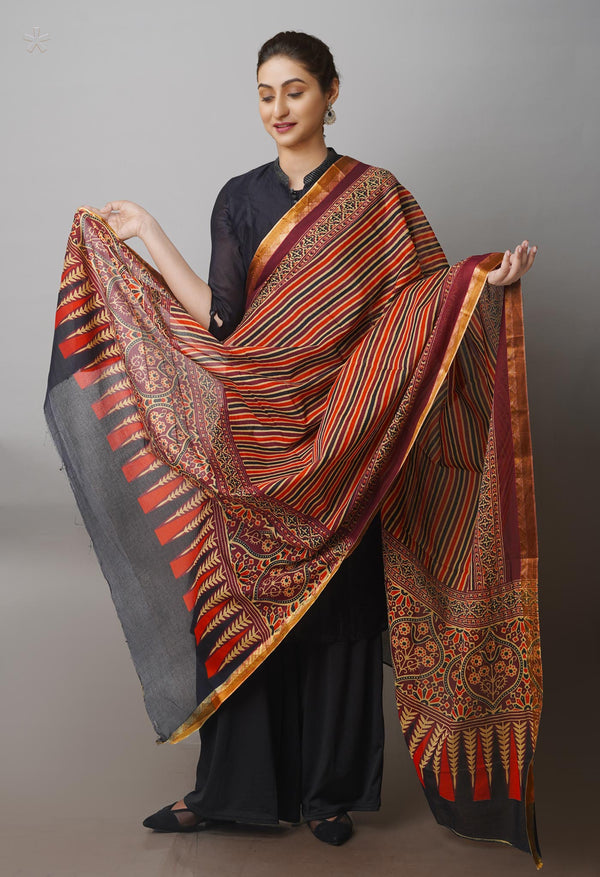 Multi Pure Ajrakh Mulmul Cotton Dupatta With Zari Border-UDS4184