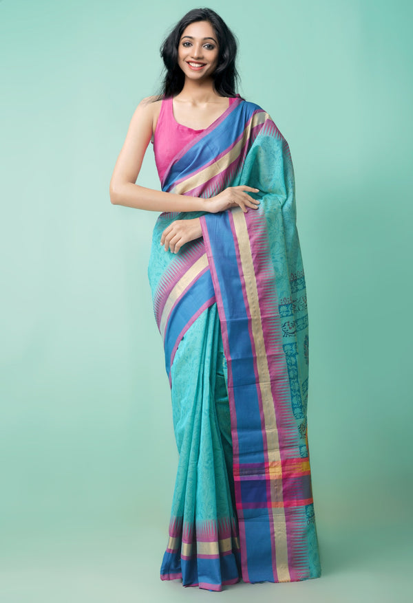 Blue Pure Block Printed Chanderi Sico Saree-unm64082