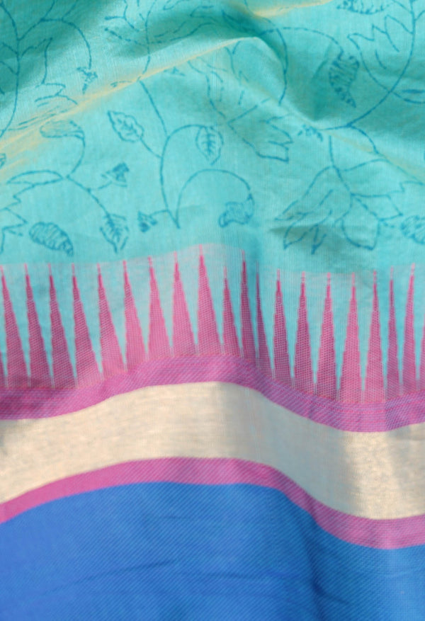 Blue Pure Block Printed Chanderi Sico Saree-unm64082