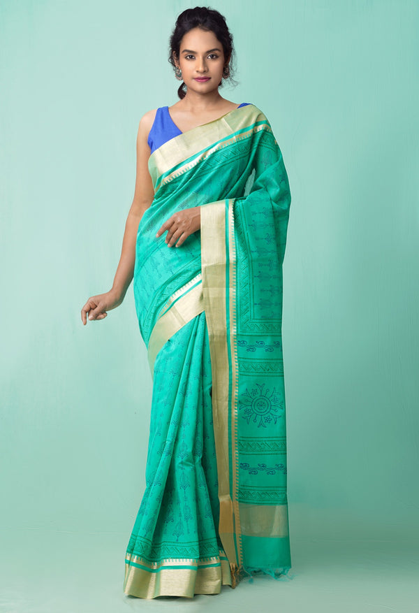 Green Pure Block Printed Chanderi Sico Saree