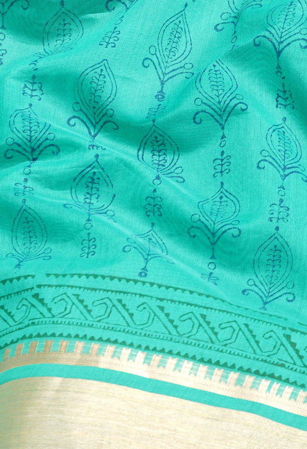 Green Pure Block Printed Chanderi Sico Saree