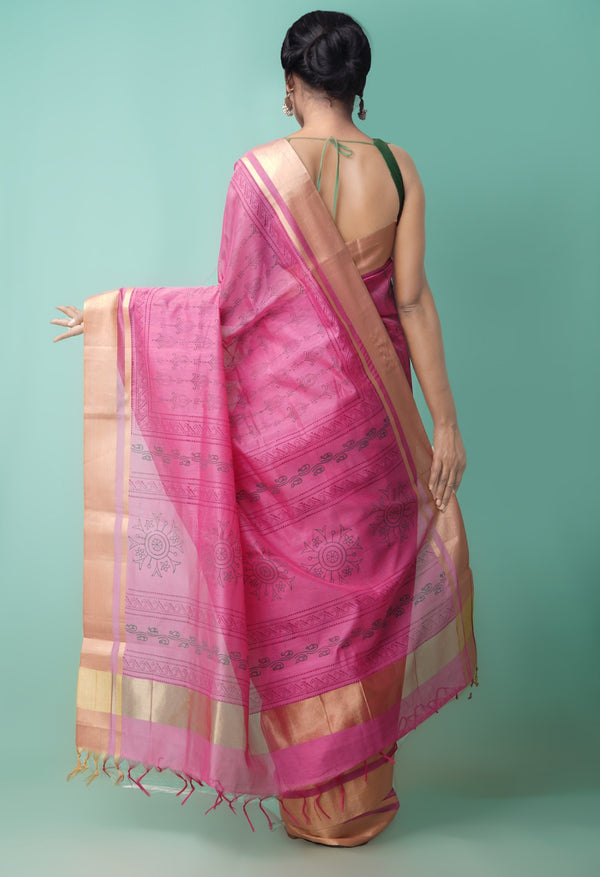 Online Shopping for Pink Pure Block Printed Chanderi Sico Saree with Hand Block Prints from Madhya Pradesh at Unnatisilks.comIndia
