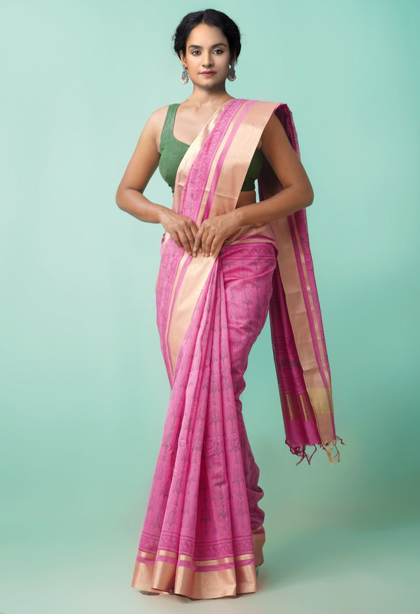 Pink Pure Block Printed Chanderi Sico Saree