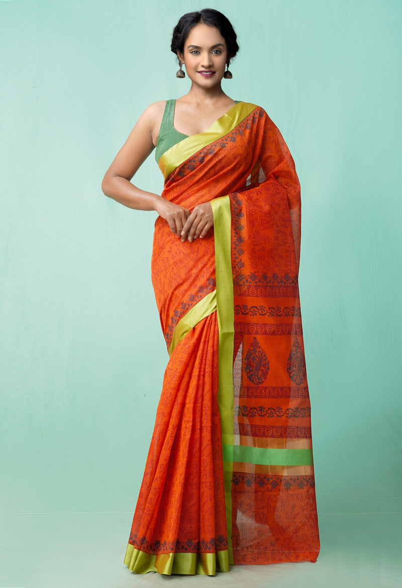 Red Pure Block Printed Chanderi Sico Saree-UNM42027