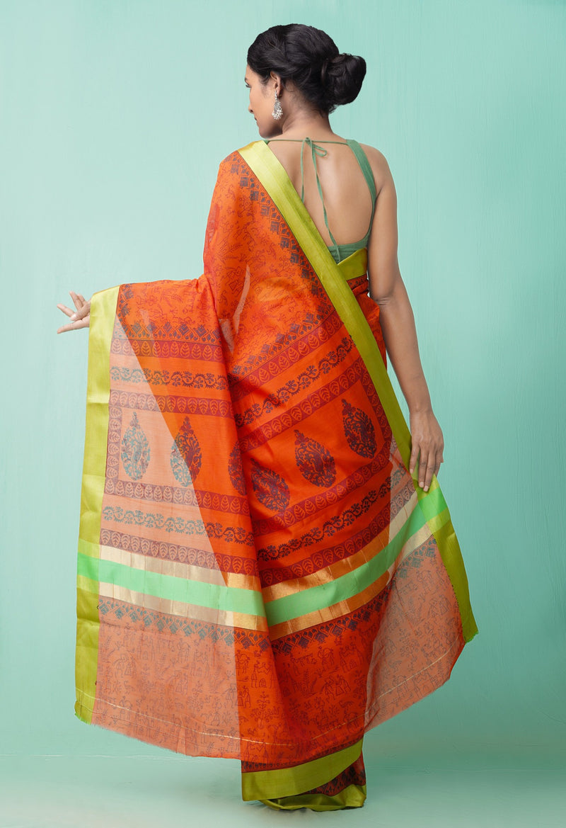 Online Shopping for Red Pure Block Printed Chanderi Sico Saree with Patola Prints from Madhya Pradesh at Unnatisilks.comIndia
