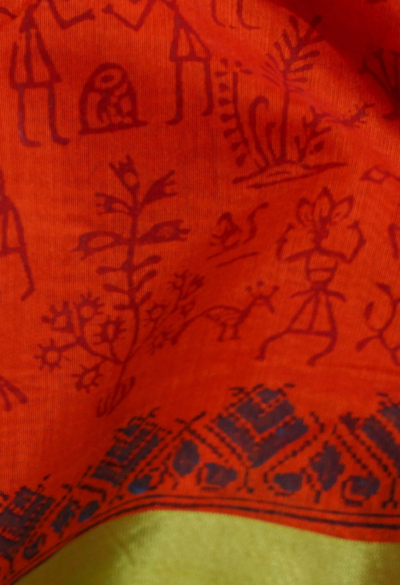 Red Pure Block Printed Chanderi Sico Saree-UNM42027