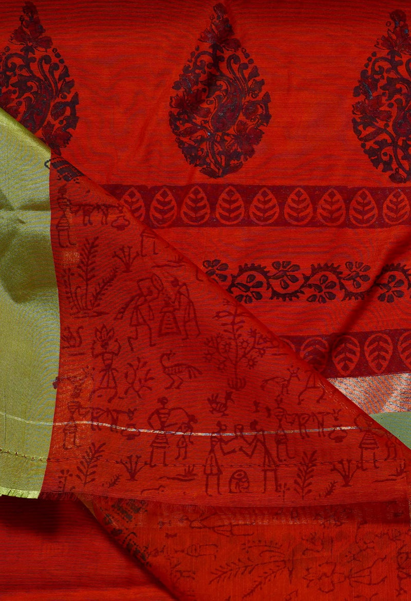 Online Shopping for Red Pure Block Printed Chanderi Sico Saree with Patola Prints from Madhya Pradesh at Unnatisilks.comIndia
