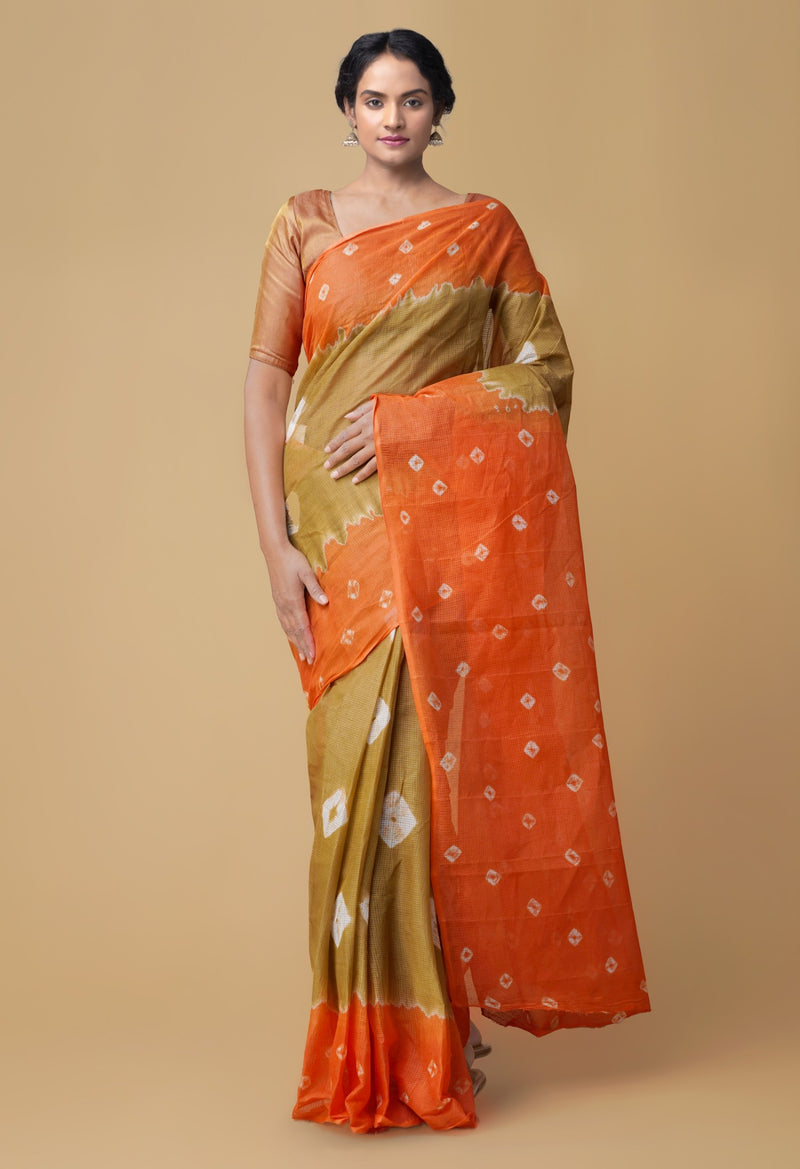 Online Shopping for Brown-Orange Pure Bandhani Kota Cotton Saree with Tie-N-Dye from Rajasthan at Unnatisilks.comIndia

