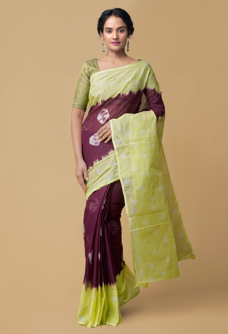 Brown-Green Pure Bandhani Kota Cotton Saree-unm42192