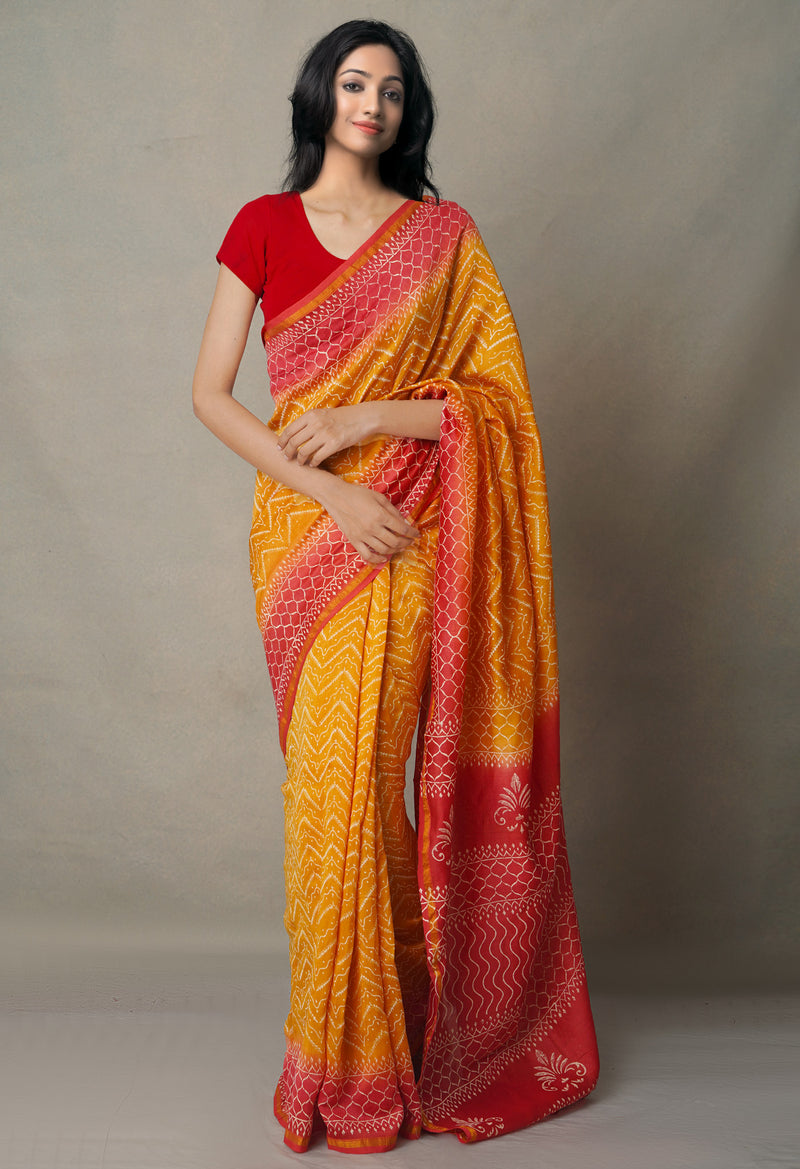 Mustard Yellow Pure Hand Block Printed Chanderi Sico Saree