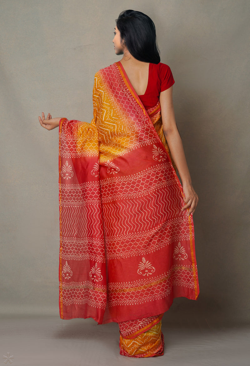 Mustard Yellow Pure Hand Block Printed Chanderi Sico Saree
