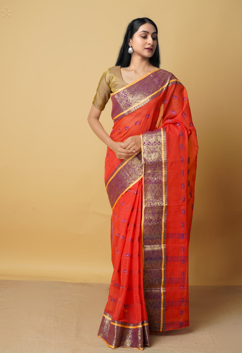 Red Pure Handloom Bengal Cotton Tant Saree-UNM64098