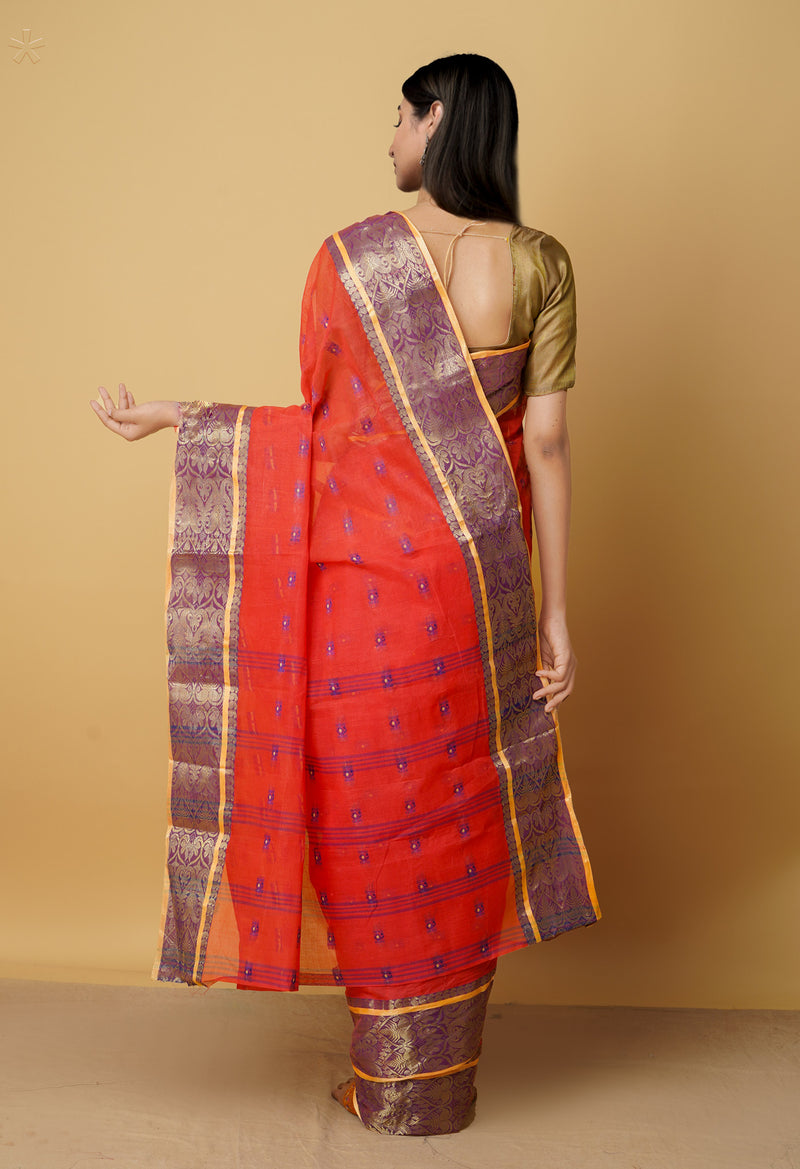 Red Pure Handloom Bengal Cotton Tant Saree-UNM64098