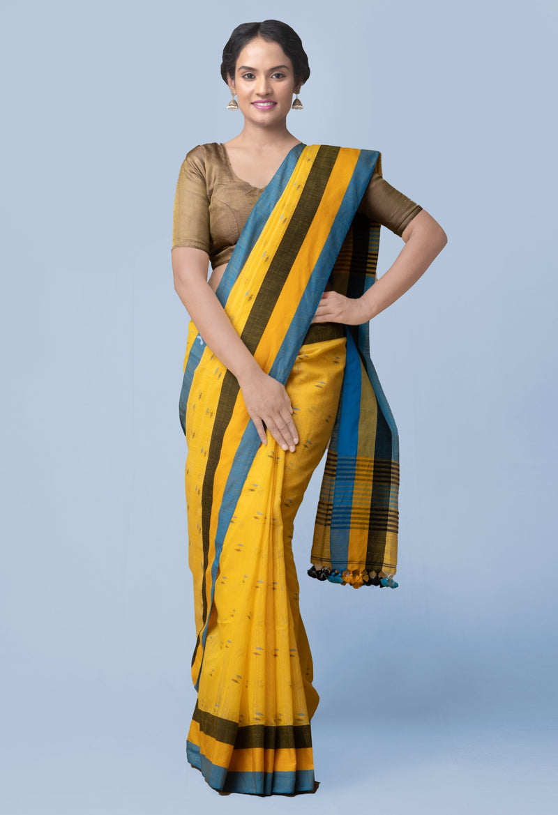 Online Shopping for Yellow Pure Handloom Linen  Saree with Ikat from Andhra Pradesh at Unnatisilks.comIndia
