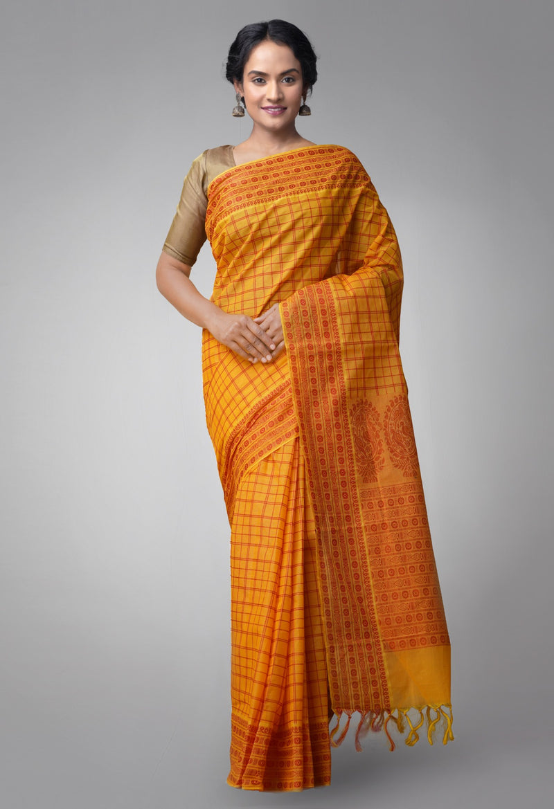Online Shopping for Yellow Pure Handloom Mysore Cotton Saree with Kalamkari Prints from Rajasthan at Unnatisilks.comIndia
