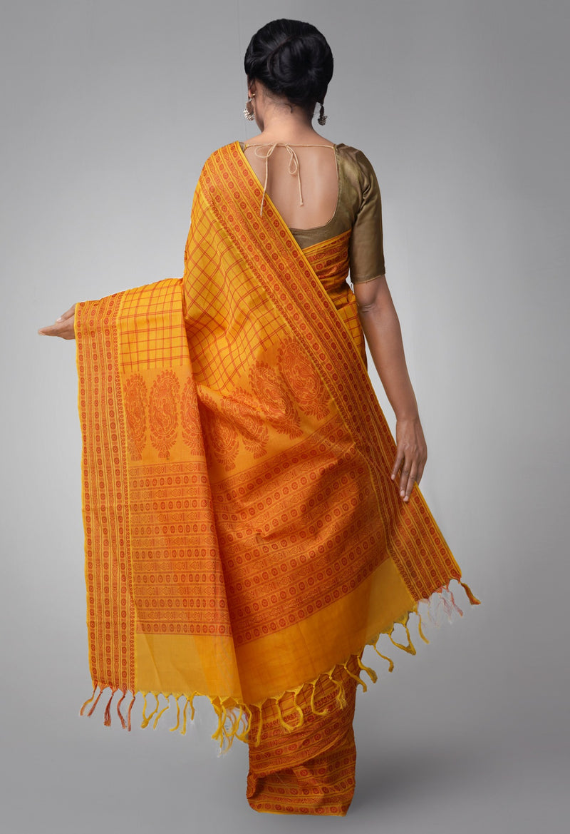 Online Shopping for Yellow Pure Handloom Mysore Cotton Saree with Kalamkari Prints from Rajasthan at Unnatisilks.comIndia
