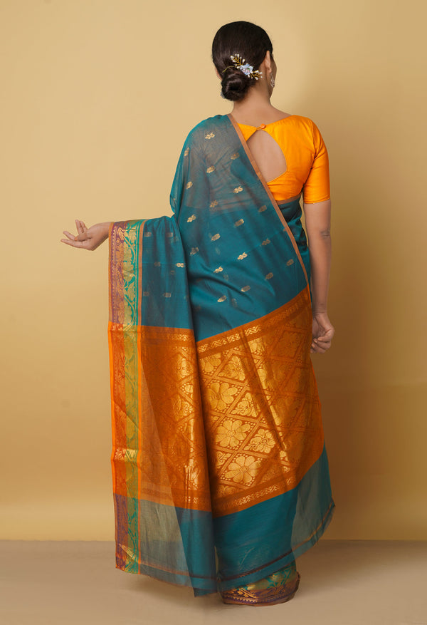 Green Pure Handloom Pavni Venkatagiri Silk Cotton Saree-UNM47751