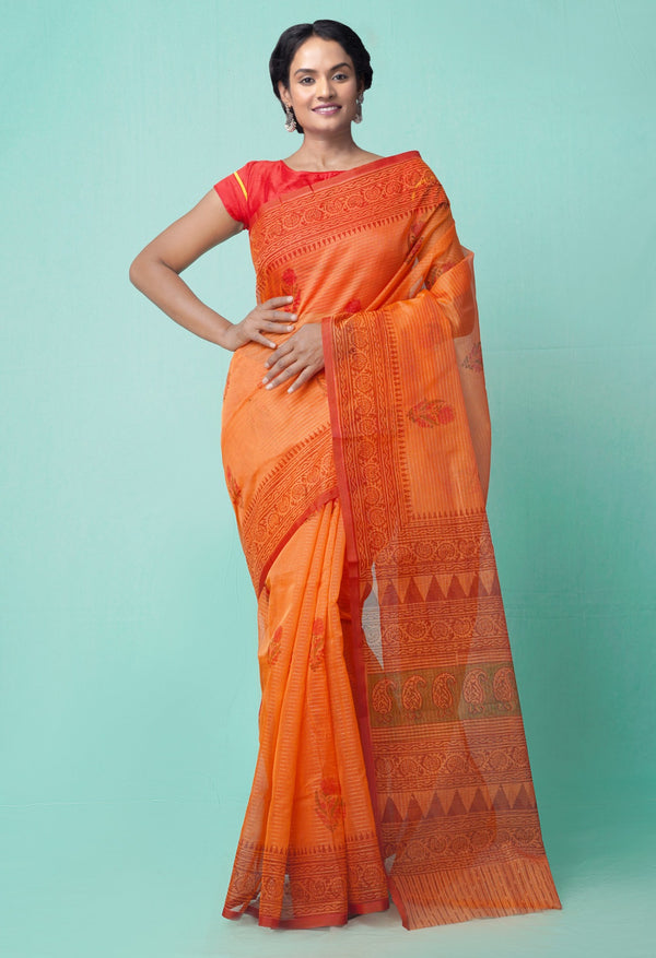 Online Shopping for Orange  Summer Supernet  Saree with Hand Block Prints with Hand Block Prints from Rajasthan at Unnatisilks.comIndia
