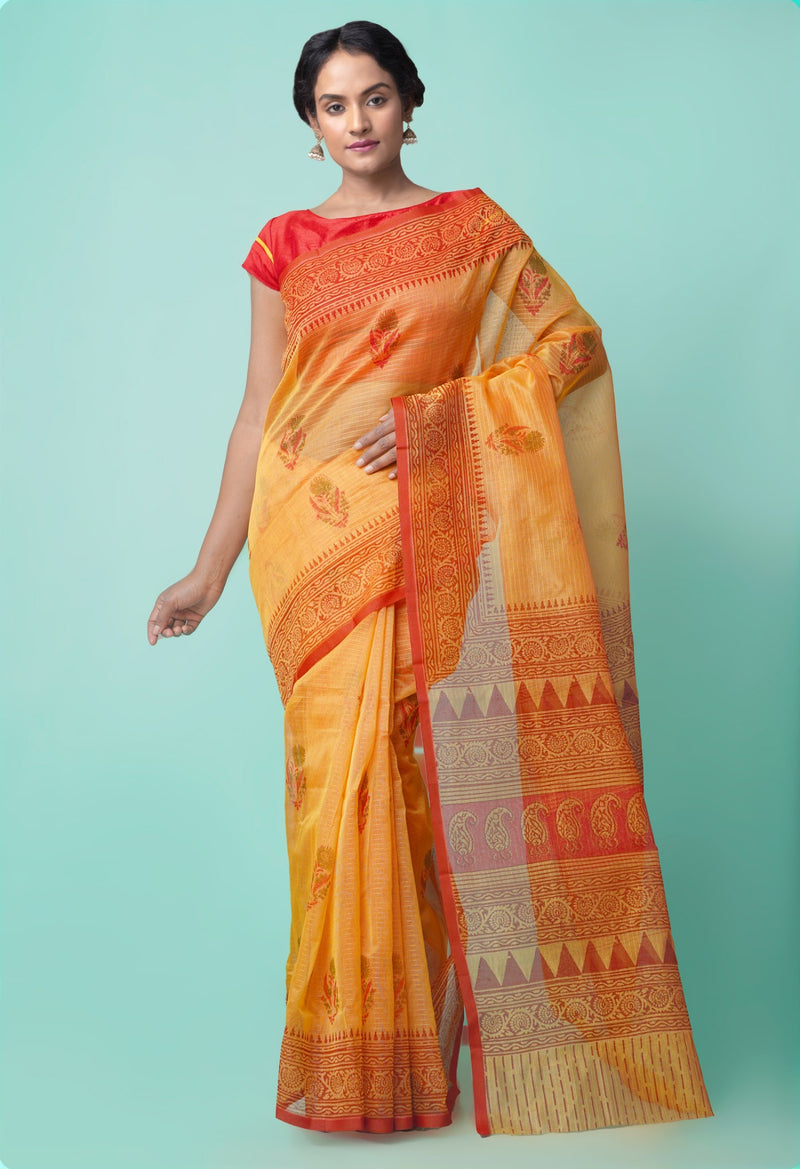 Online Shopping for Yellow  Summer Supernet  Saree with Hand Block Prints with Hand Block Prints from Rajasthan at Unnatisilks.comIndia
