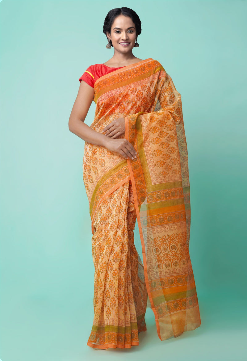 Online Shopping for Yellow  Summer Supernet  Saree with Hand Block Prints with Hand Block Prints from Rajasthan at Unnatisilks.comIndia
