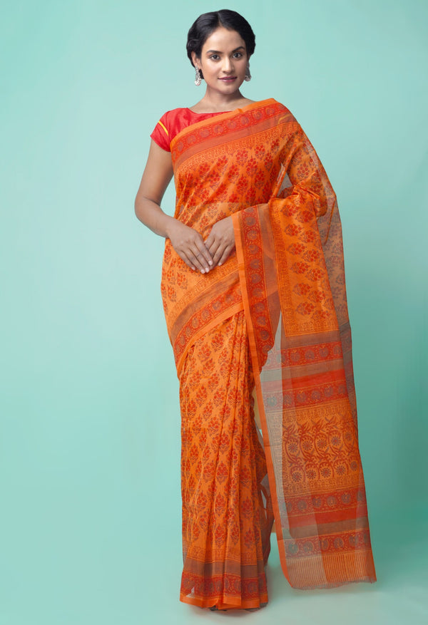 Online Shopping for Orange  Summer Supernet  Saree with Hand Block Prints with Hand Block Prints from Rajasthan at Unnatisilks.comIndia
