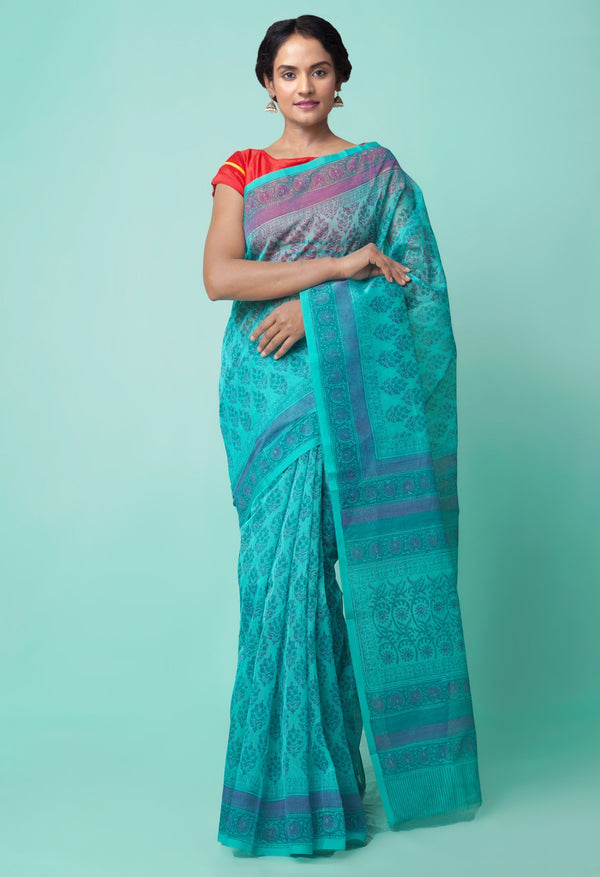 Green Summer Supernet  Saree with Hand Block Prints-UNM49038