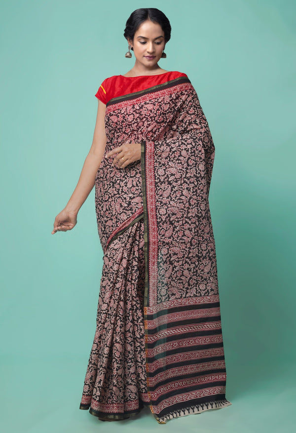 Online Shopping for Black Pure Bagru Printed Cotton  Saree with Bagru from Rajasthan at Unnatisilks.comIndia
